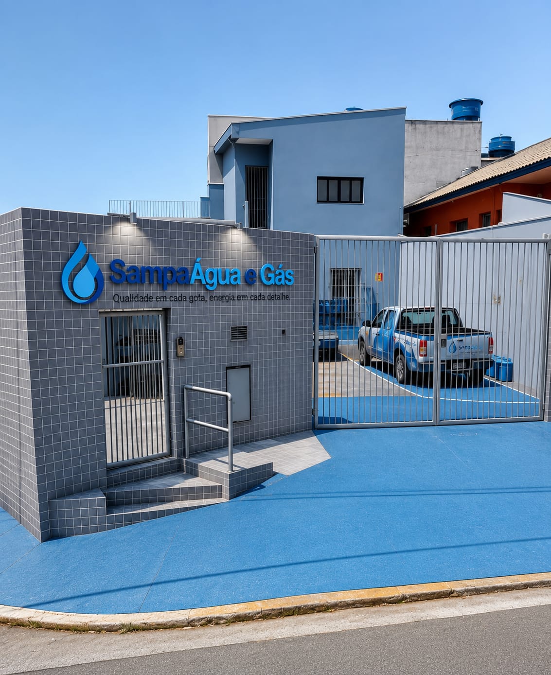 Fachada da Sampa Água e Gás em São Paulo com veículo de entrega e botijões de gás